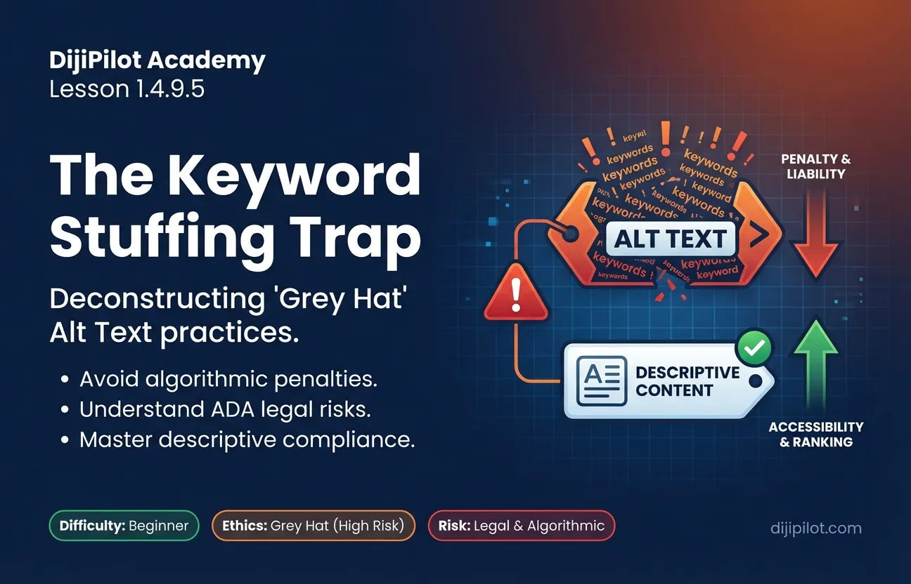 1.4.9.5 - Keyword Stuffing: Filling "Alt Text" with irrelevant keywords instead of accessibility descriptions (Difficulty: Beginner | Ethics: Grey Hat | Path: Launch)