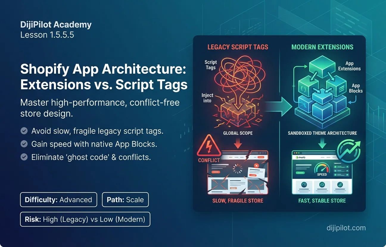 1.5.5.5 - Shopify Theme App Extensions vs. Script Tags: Speed & Conflict Risk (Difficulty: Advanced | Path: Scale)