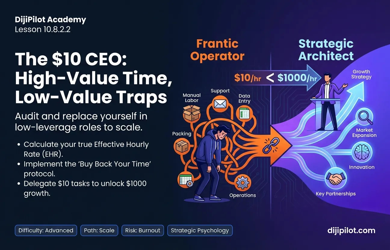 10.8.2.2 - The "$10 CEO": Doing $10/hour tasks (packing boxes) when you should be doing $1000/hour tasks (strategy) (Difficulty: Advanced | Path: Scale)