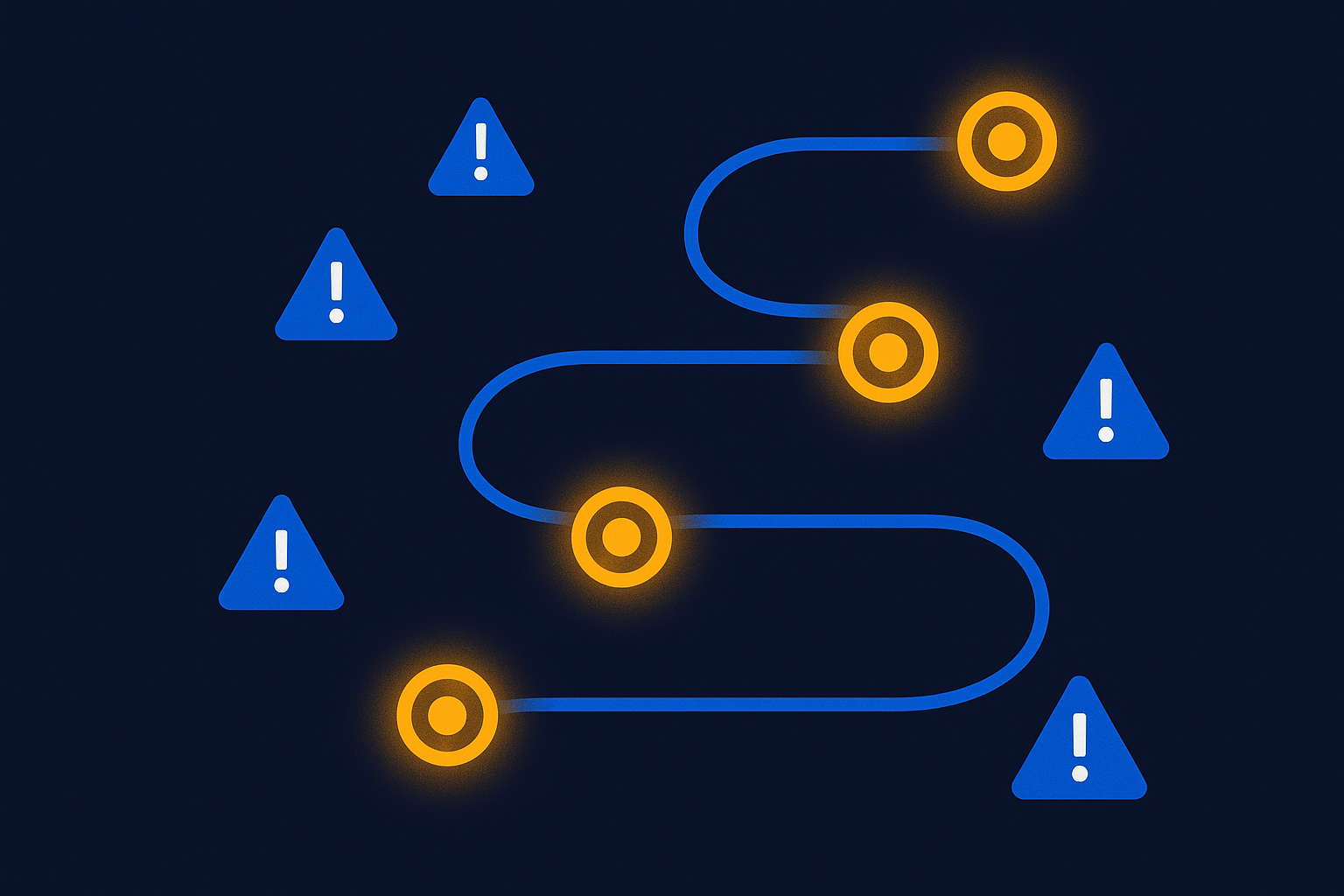 Abstract navy illustration of seven warning nodes along a path being corrected into glowing checkpoints, blue and amber accents