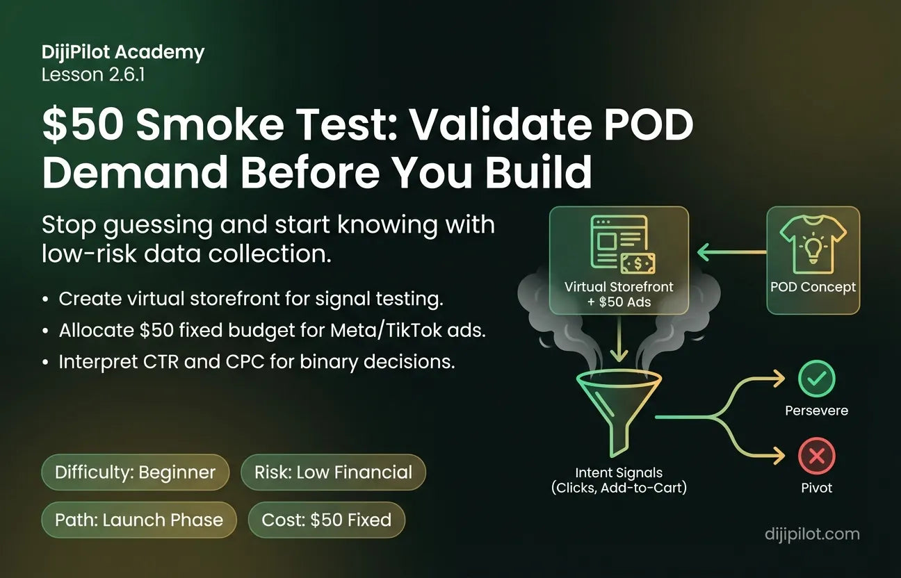 2.6.1 - The "Smoke Test" Math: Budgeting $50 to Test POD Demand (Difficulty: Beginner | Path: Launch)
