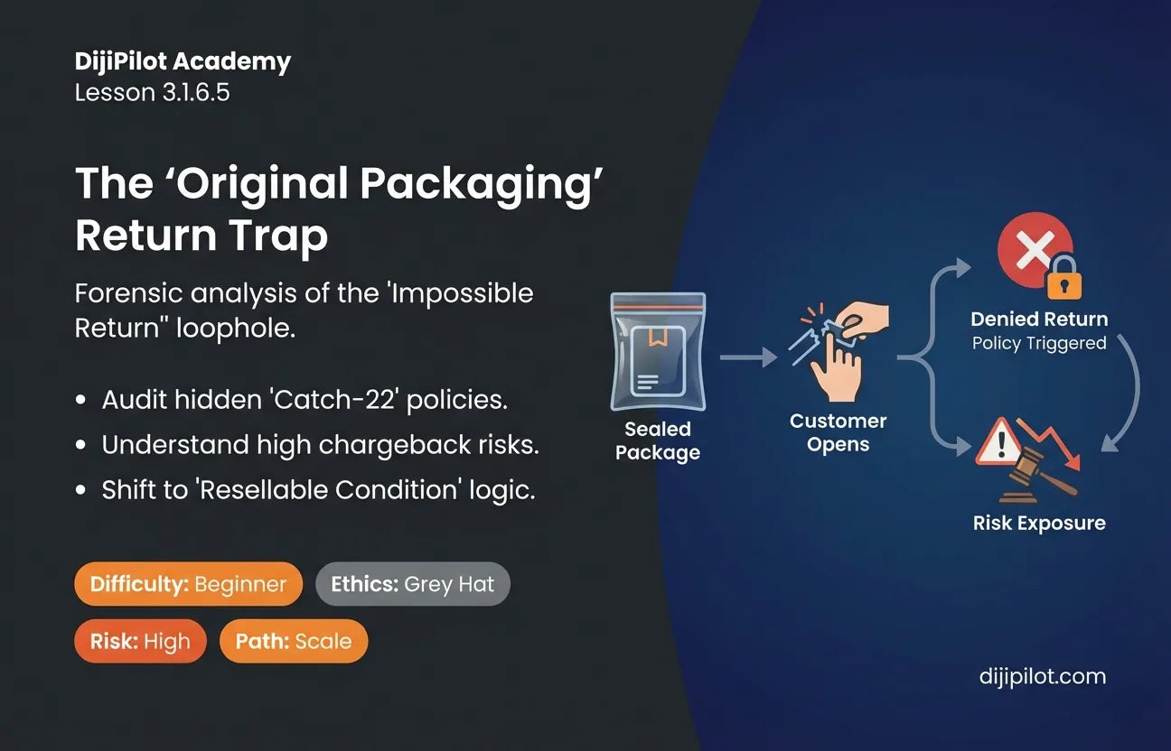 3.1.6.5 - The "Original Packaging" Loophole: Denying refunds because the poly bag was opened (Difficulty: Beginner | Ethics: Grey Hat | Path: Scale)