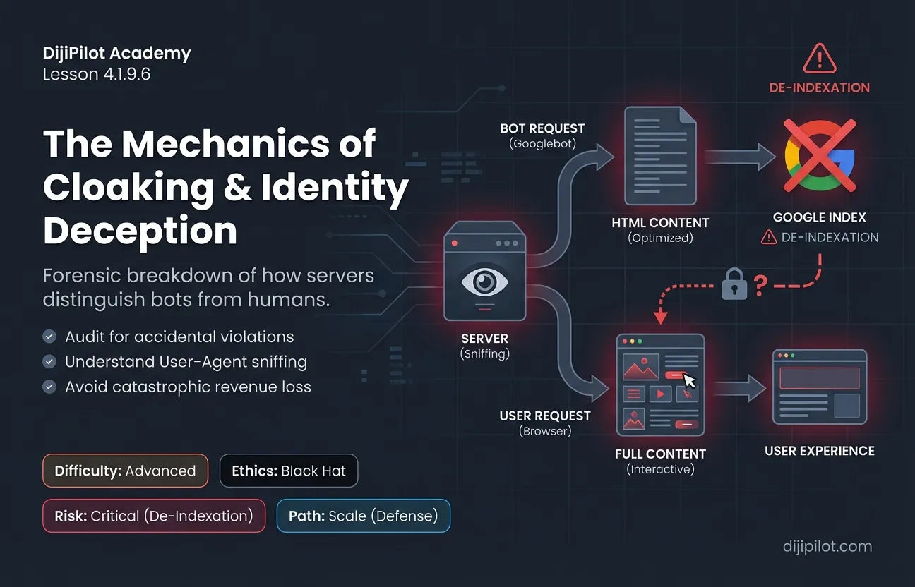 4.1.9.6 - Showing One Page to Google and Another to Users (Cloaking) (Difficulty: Advanced | Ethics: Black Hat | Path: Scale)
