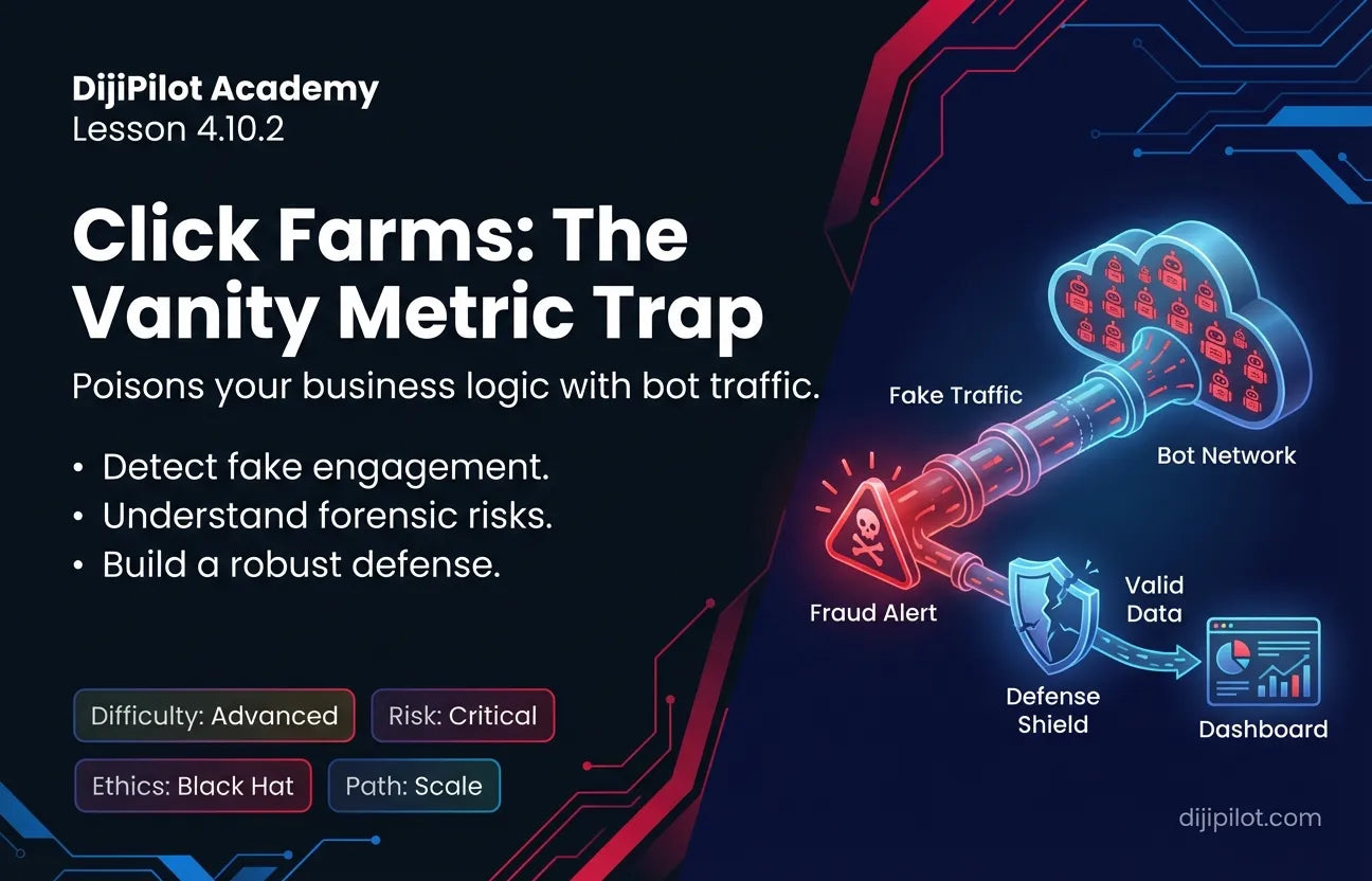 4.10.2 - Click Farms: Paying for bot traffic to inflate website analytics for investors (Difficulty: Advanced | Ethics: Black Hat | Path: Scale)