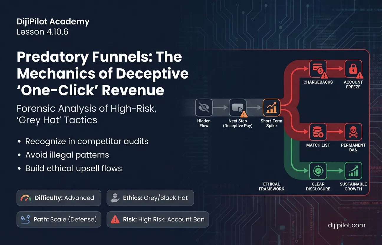 4.10.6 - Predatory Funnels: Adding "One-Click Upsells" without clear price disclosure (Difficulty: Advanced | Ethics: Grey Hat | Path: Scale)