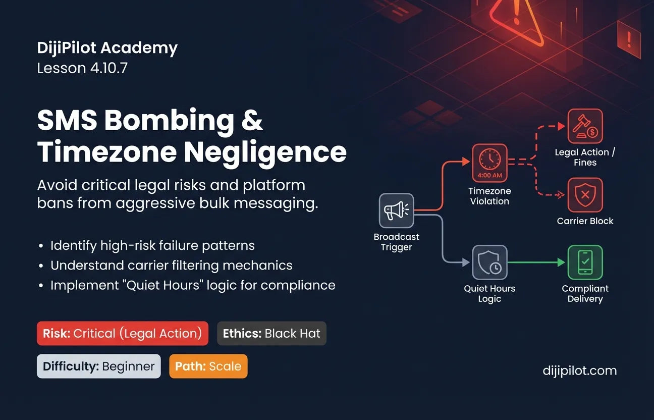 4.10.7 - SMS Bombing: Sending text blasts at 3 AM to international numbers without timezone checks (Difficulty: Beginner | Ethics: Black Hat | Path: Scale)