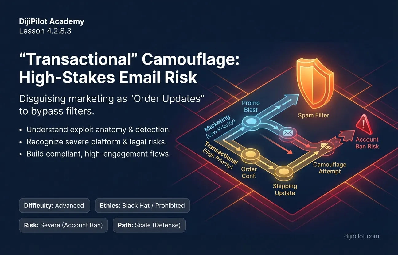 4.2.8.3 - "Transactional" Camouflage: Disguising marketing blasts as "Order Updates" to bypass spam filters (Difficulty: Advanced | Ethics: Black Hat | Path: Scale)
