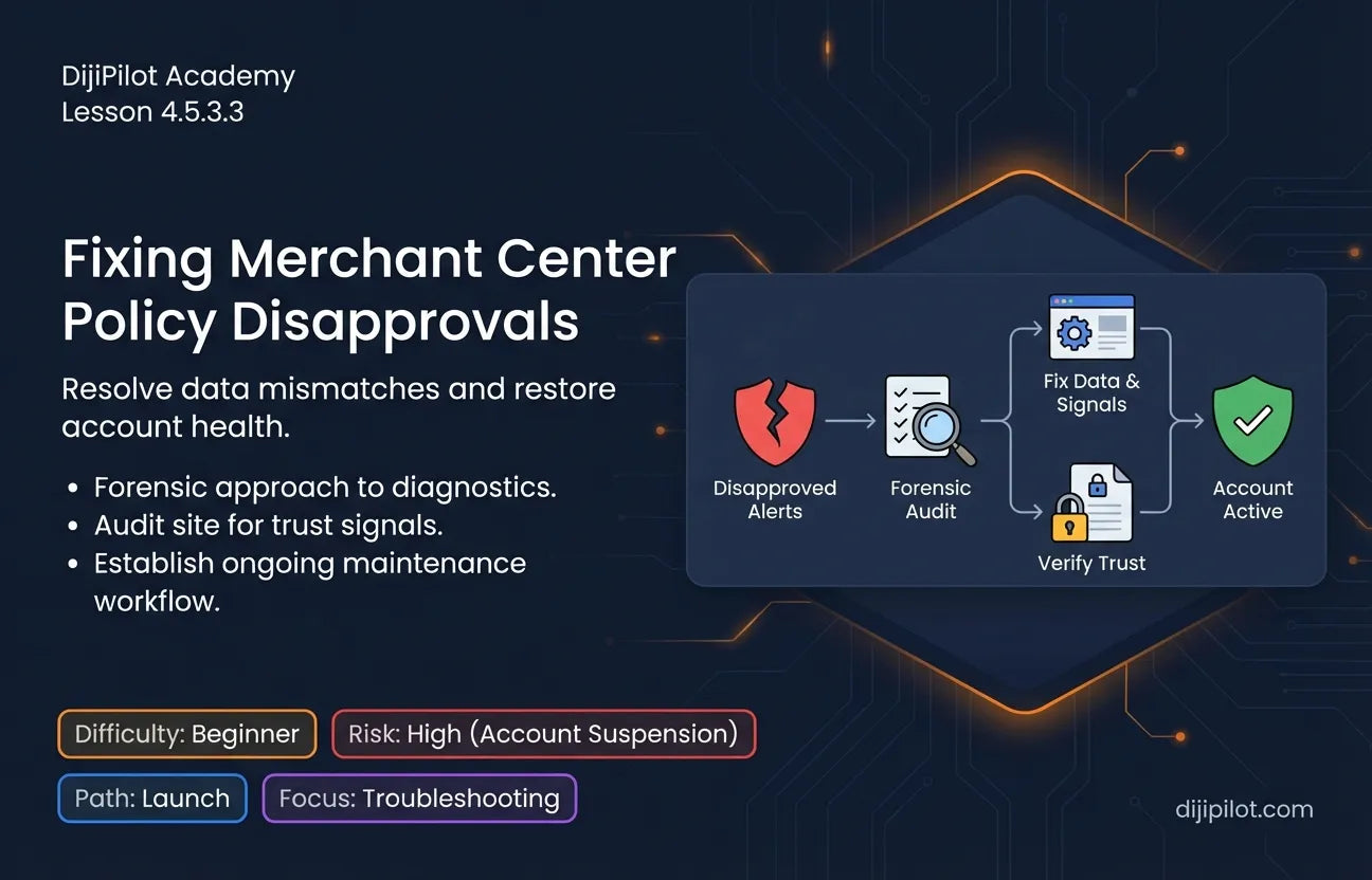 4.5.3.3 - How to Fix Google Merchant Center Policy Disapprovals (Difficulty: Beginner | Path: Launch)