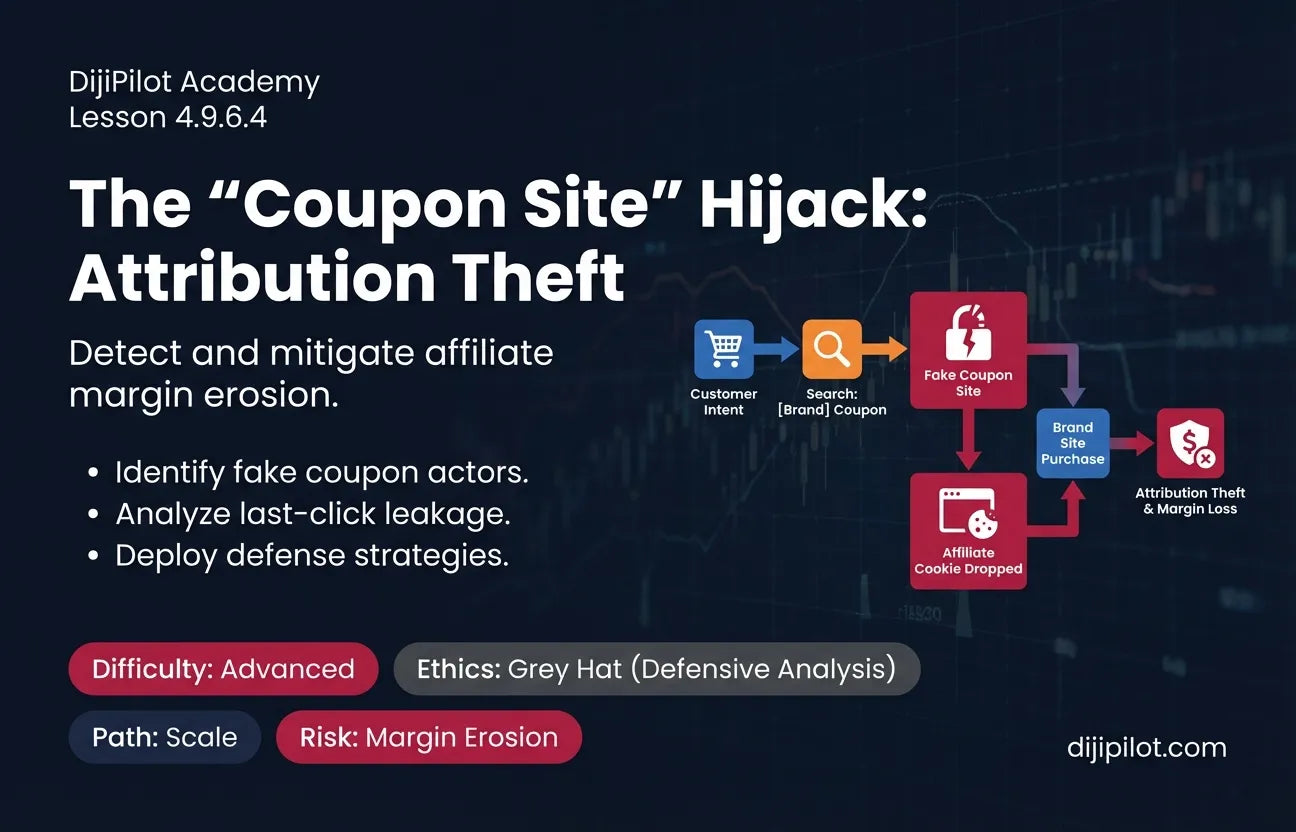 4.9.6.4 - The "Coupon Site" Hijack: Affiliates ranking for "[Brand] Coupon" with fake codes just to set a cookie (Difficulty: Beginner | Ethics: Grey Hat | Path: Scale)