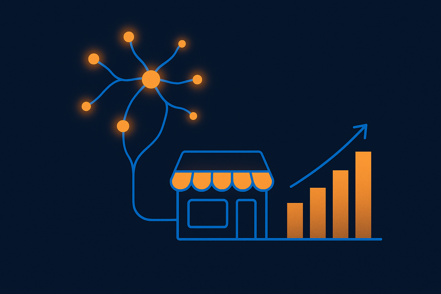 Abstract navy illustration of a neural network of nodes feeding into a minimal storefront and rising chart, blue and amber accents