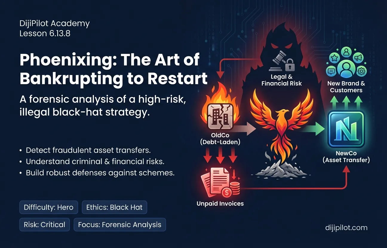 6.13.8 - "Phoenixing": Bankrupting a company to shed debt and restarting immediately under a new name (Difficulty: Hero | Ethics: Black Hat | Path: Scale)