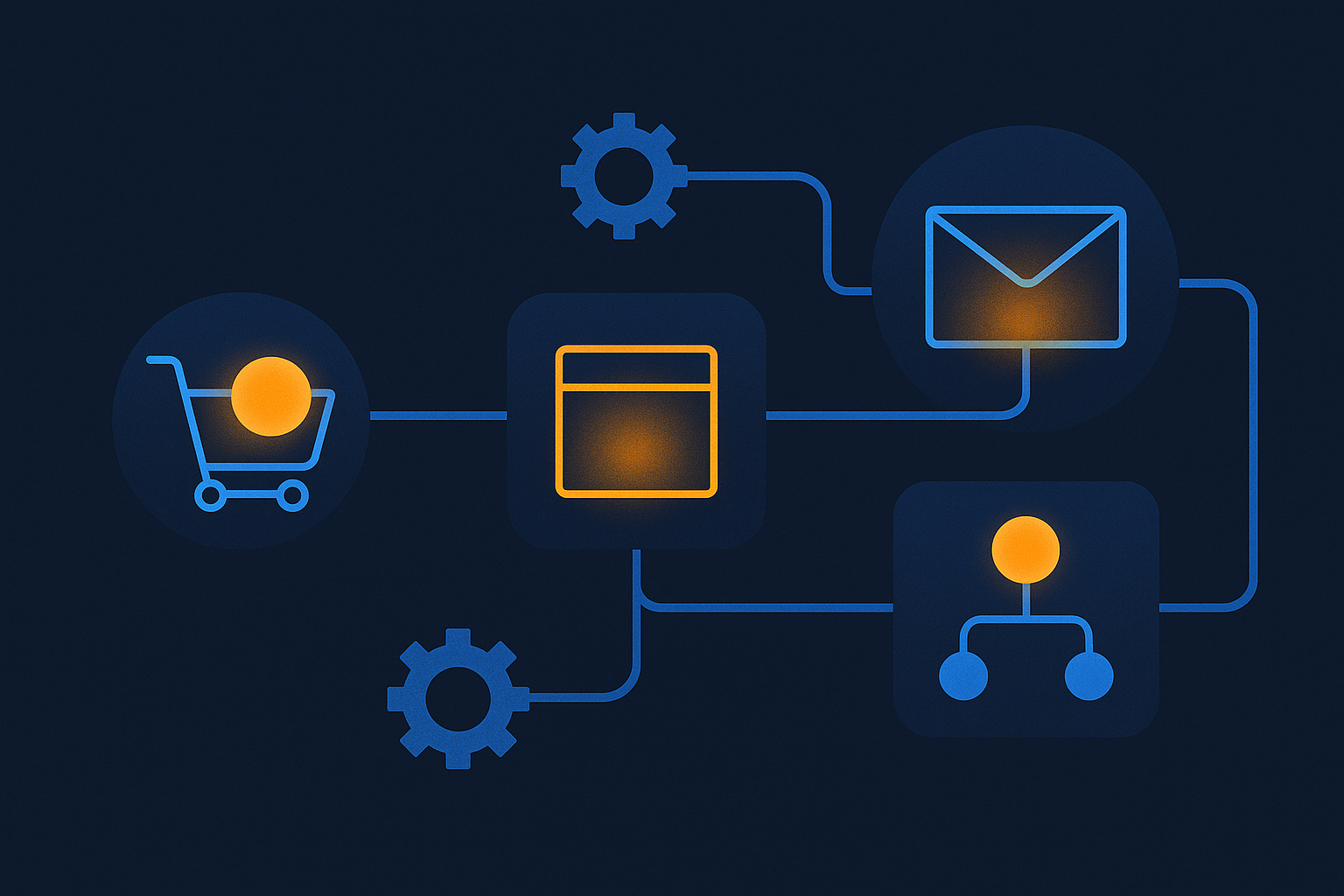 Abstract navy illustration of a five-stage pipeline of nodes carrying an order from cart to box to envelope, blue and amber accents