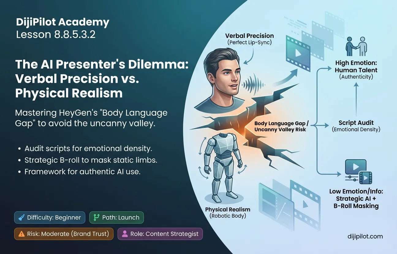8.8.5.3.2 - Pros/Cons: Perfect Lip-Sync vs. Robotic Body Language in HeyGen (Difficulty: Beginner | Path: Launch)