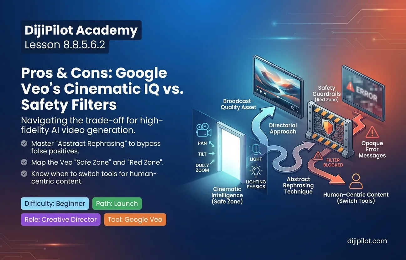 8.8.5.6.2 - Pros/Cons: Deep understanding of cinematic terms vs. Aggressive safety filters in Google Veo (Difficulty: Beginner | Path: Launch)
