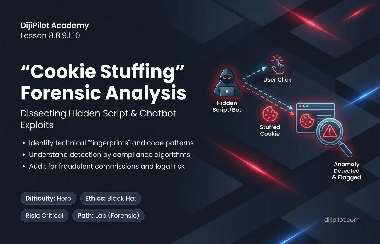 8.8.9.1.10 - "Cookie Stuffing": Using hidden Chatbot scripts to force affiliate cookies onto users who didn't click (Difficulty: Hero | Ethics: Black Hat | Path: Lab)
