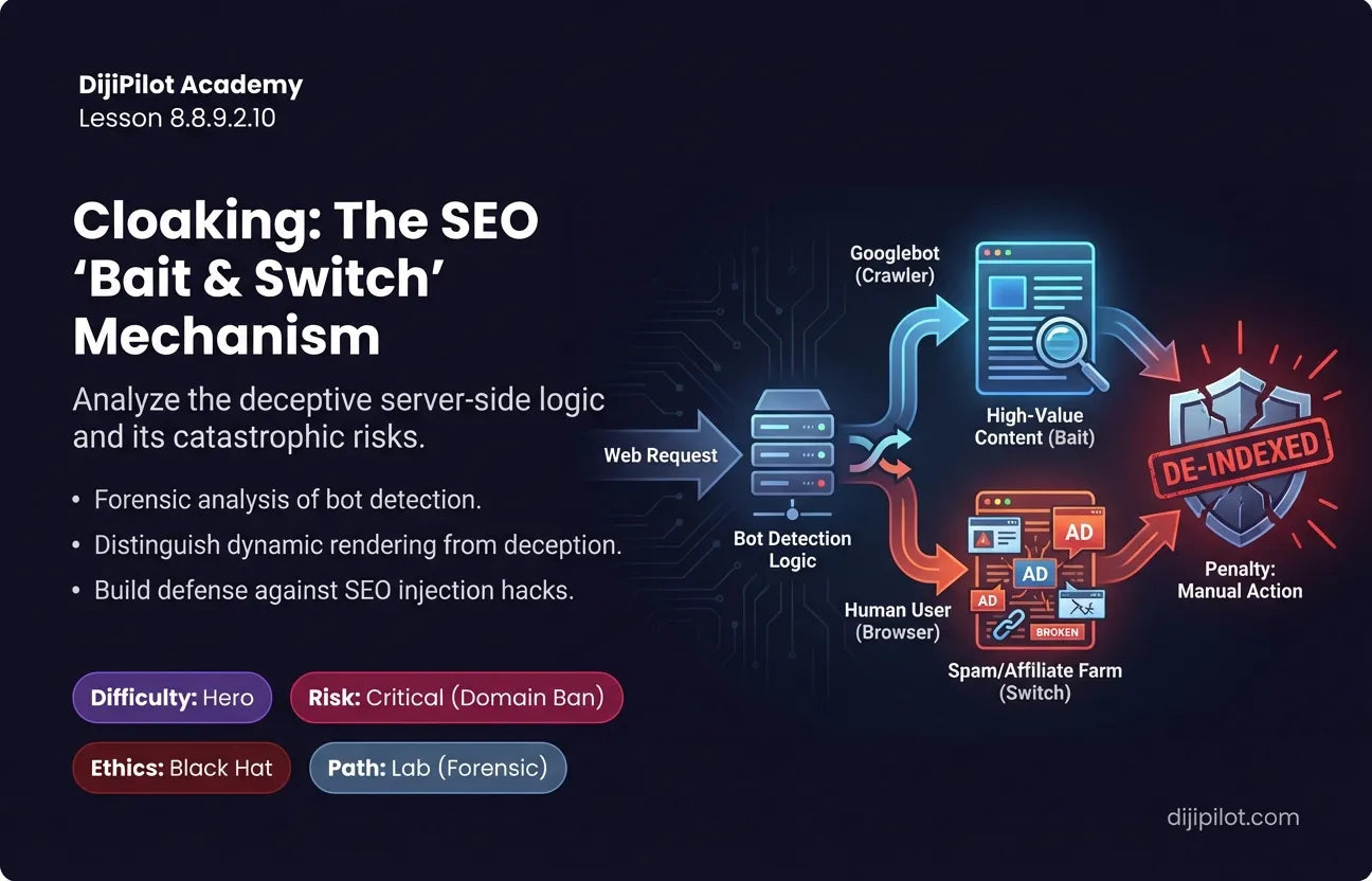 8.8.9.2.10 - Cloaking: Showing helpful AI content to Google Bots but Spam/Affiliate links to Humans (Difficulty: Hero | Ethics: Black Hat | Path: Lab)