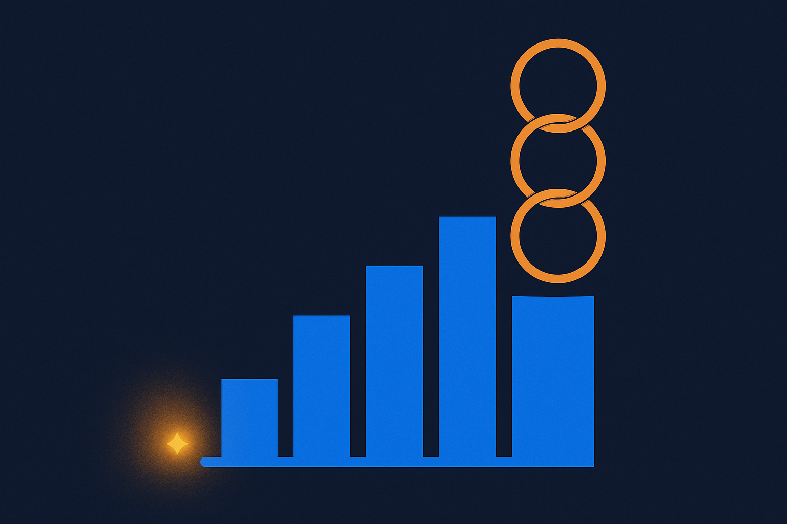 Abstract navy illustration of a small spark growing into ascending bar charts connected by repeating loops, blue and amber accents