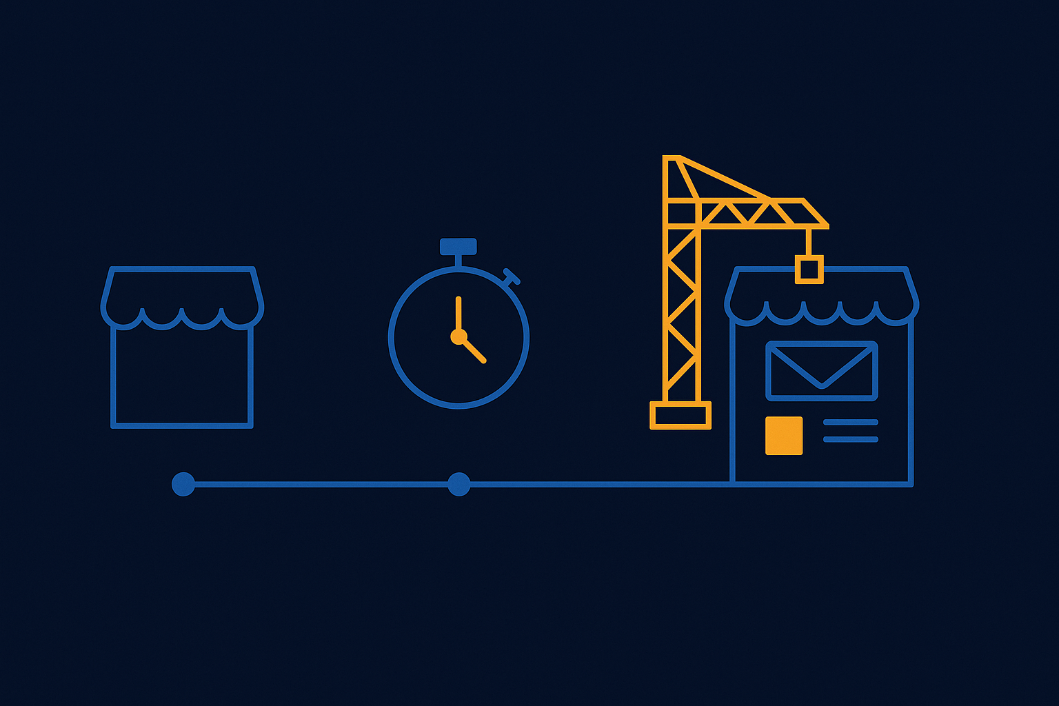 Abstract navy illustration of a storefront being assembled in stages along a timeline with a clock motif, blue and amber accents