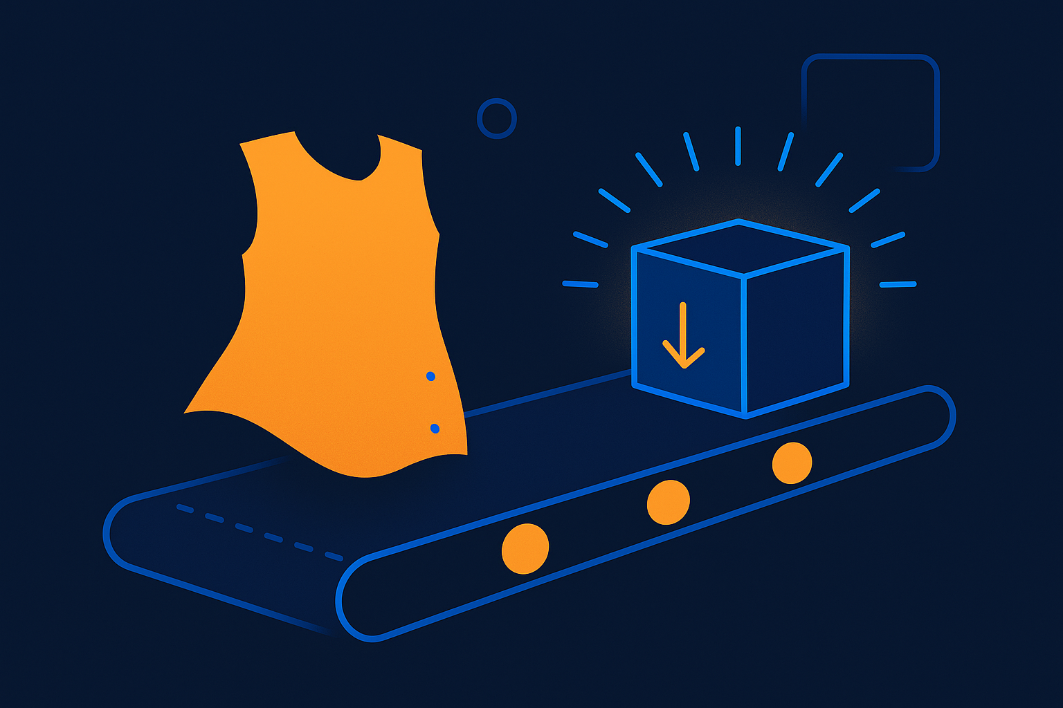 Abstract navy illustration of a single garment moving along a minimal production conveyor toward a shipping box, blue and amber accents