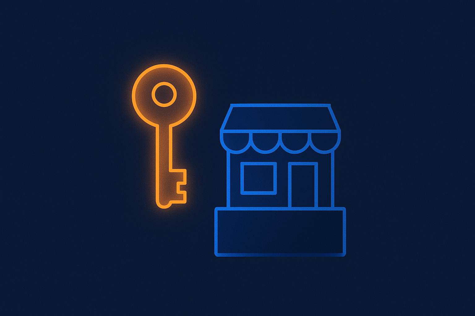 Abstract navy illustration of a glowing key unlocking a storefront standing on a solid foundation, blue and amber accents