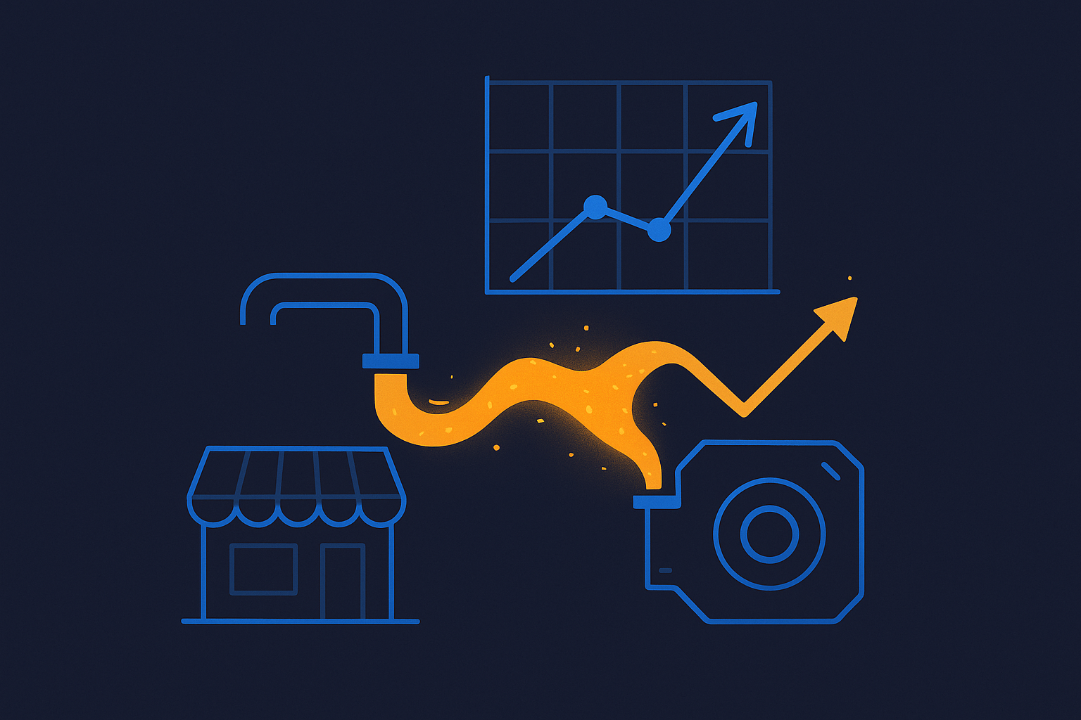 Abstract navy illustration of amber fuel flowing into an engine that powers a rising chart above a storefront, blue accents